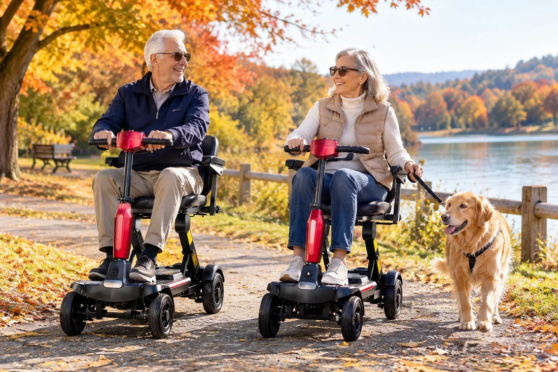 Folding mobility scooter shown for senior everyday transport and storage planning