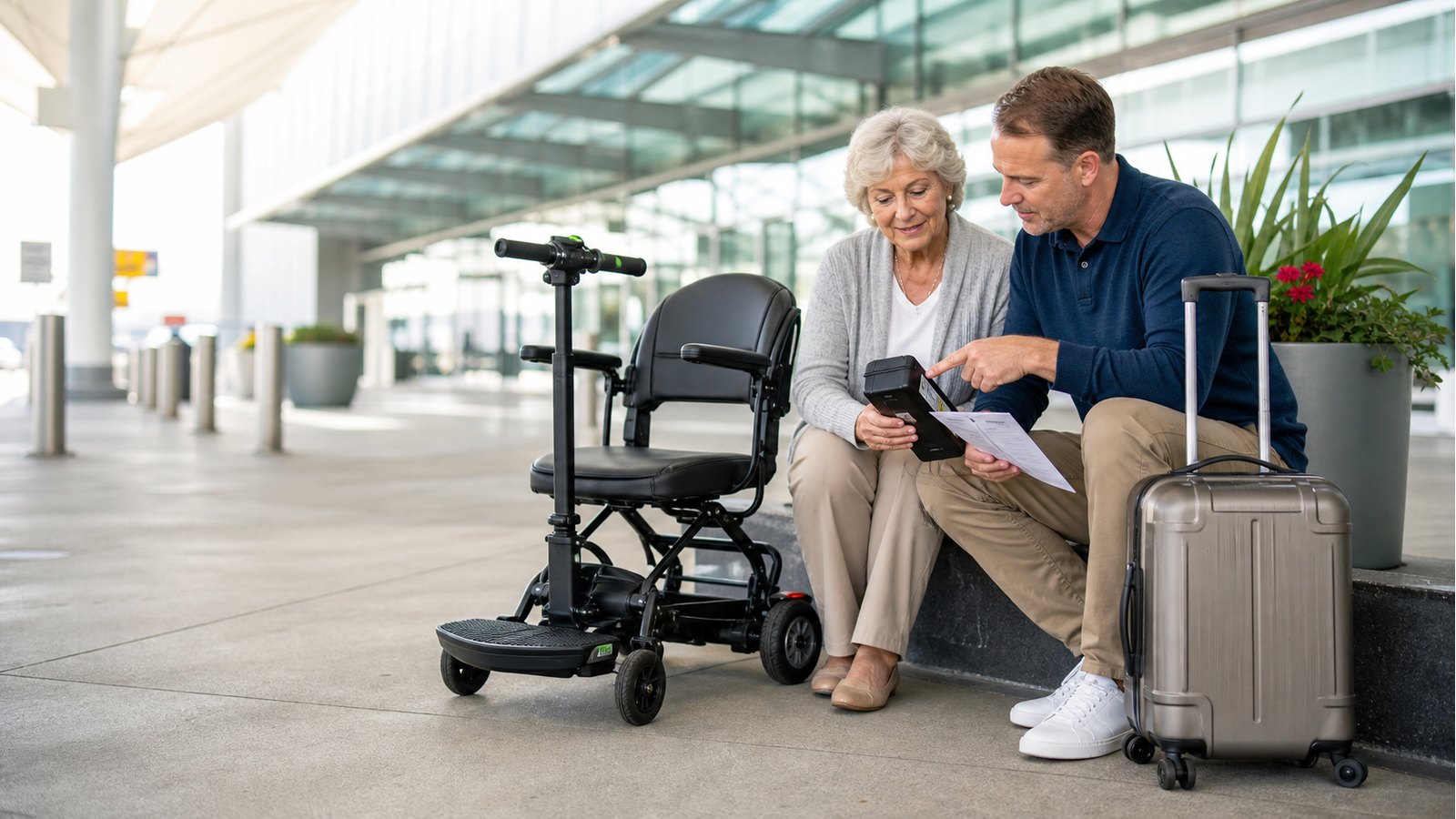 Senior traveler and caregiver preparing mobility scooter battery documents at the airport