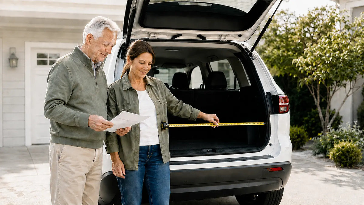 Senior adult and caregiver measuring an SUV trunk for a portable mobility scooter