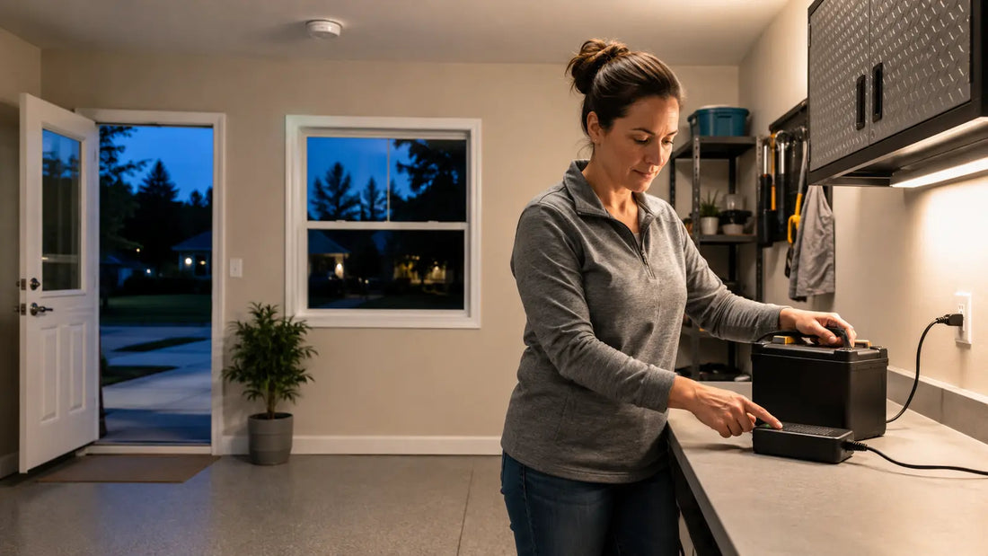 Caregiver supervising a mobility scooter battery charger in a clear, well-lit home charging area