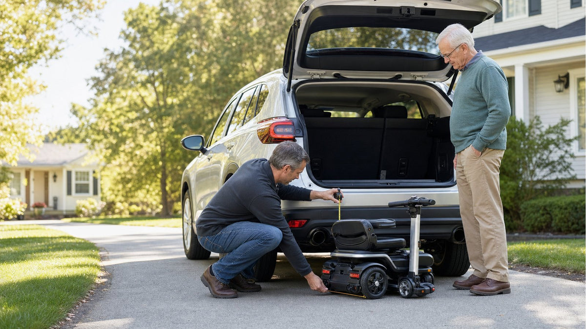 Caregiver checking whether a compact foldable mobility scooter fits in a car trunk