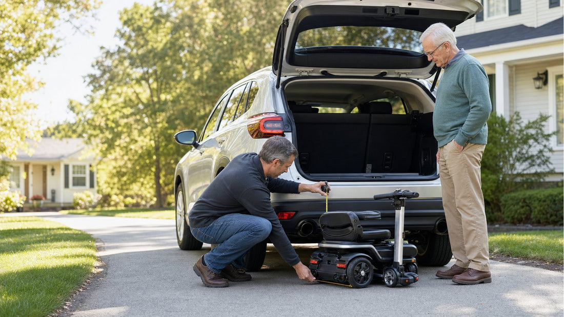 Caregiver checking whether a compact foldable mobility scooter fits in a car trunk
