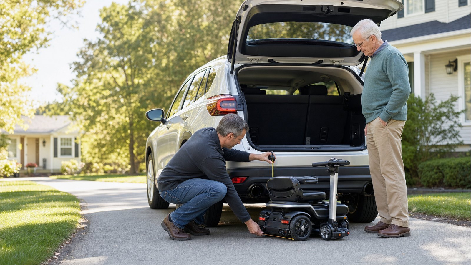Caregiver checking whether a compact foldable mobility scooter fits in a car trunk
