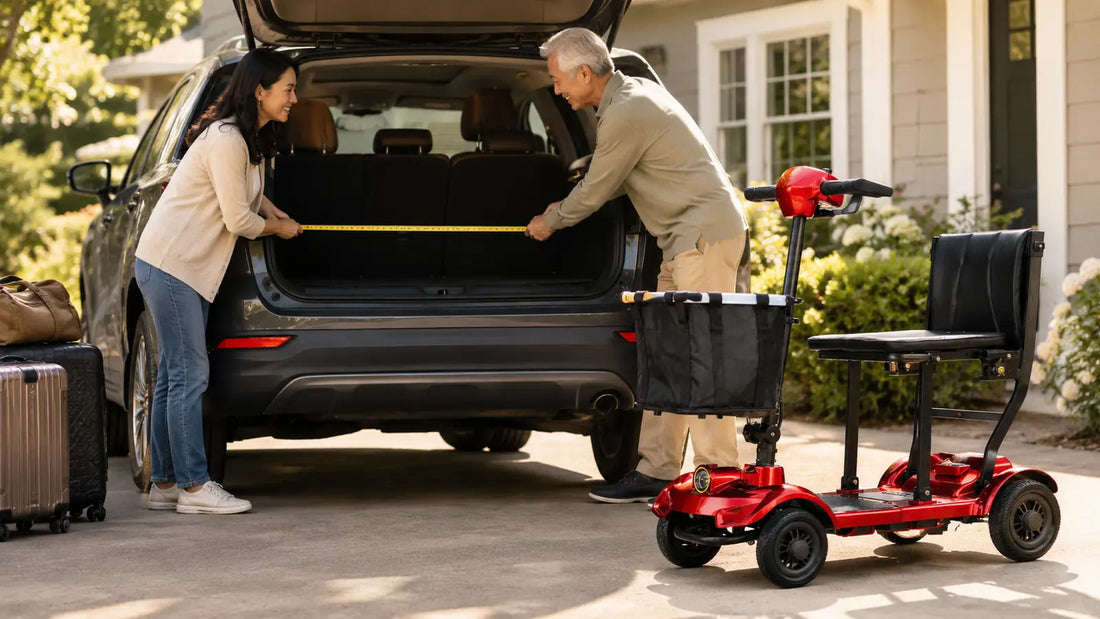 Older adult and caregiver measuring an SUV trunk beside a red FoldScoot FS-T1 travel mobility scooter