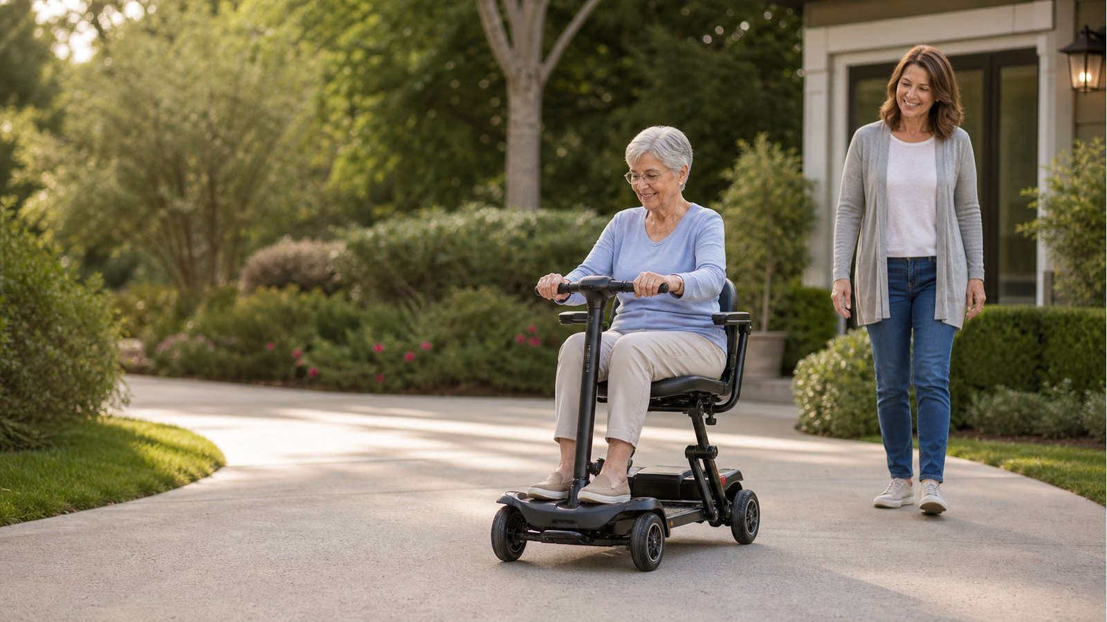 Senior practicing a first ride on a foldable mobility scooter with caregiver nearby