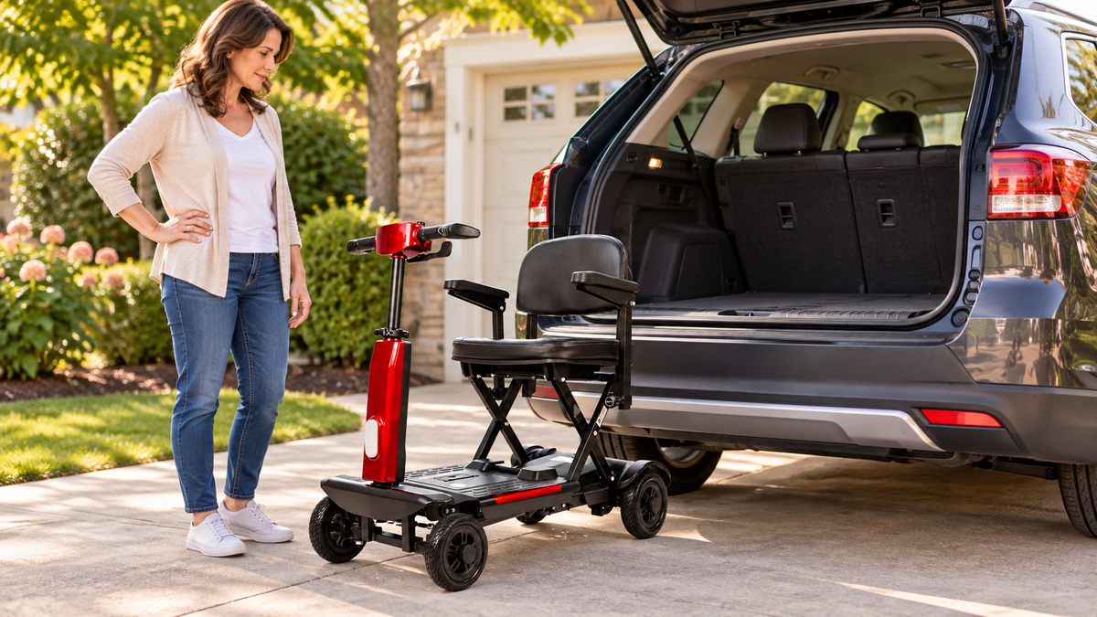 Caregiver assessing vehicle cargo space beside a FoldScoot FS-T2 mobility scooter before transport
