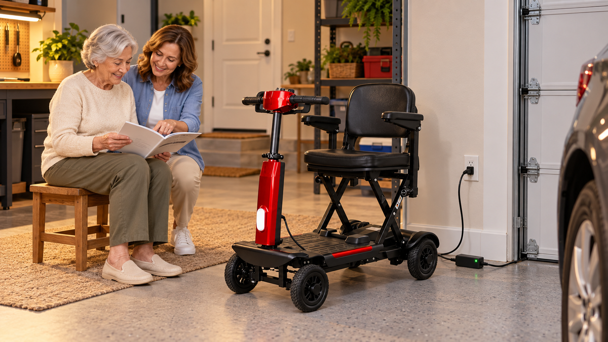 FoldScoot FS-T2 mobility scooter in a tidy home charging area while an older adult and caregiver review the owner information