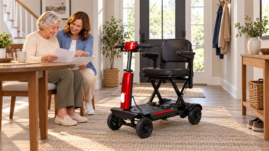 FoldScoot FS-T2 mobility scooter at home while an older adult and family member review coverage questions