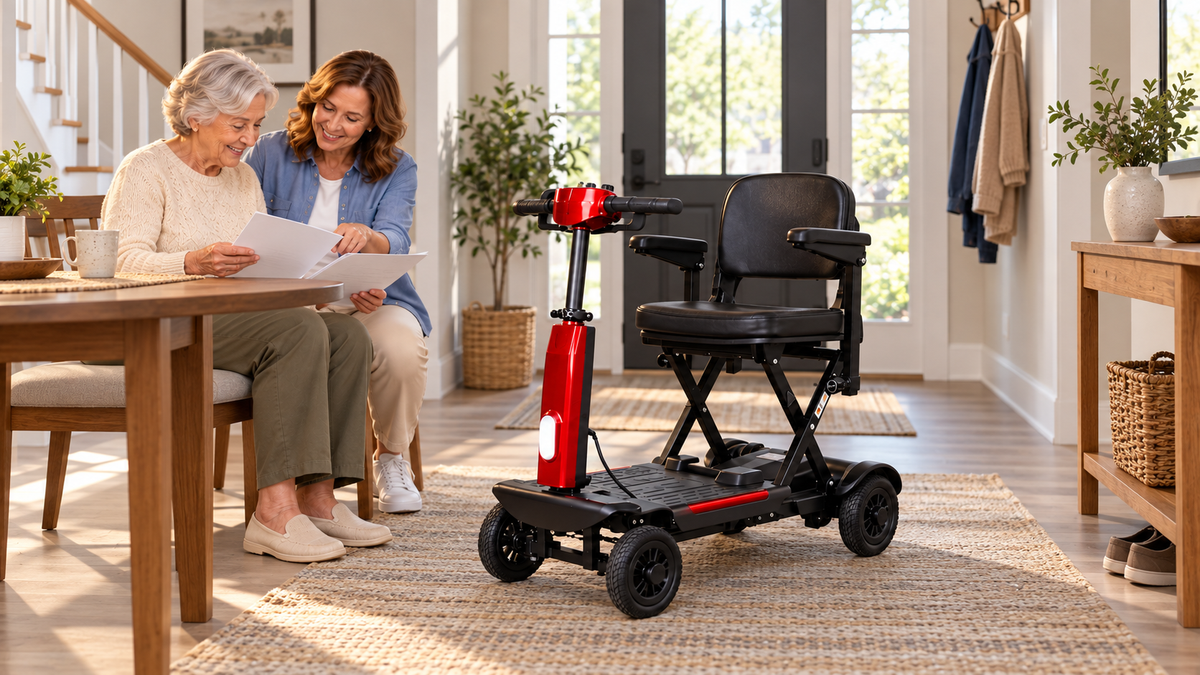 FoldScoot FS-T2 mobility scooter at home while an older adult and family member review coverage questions