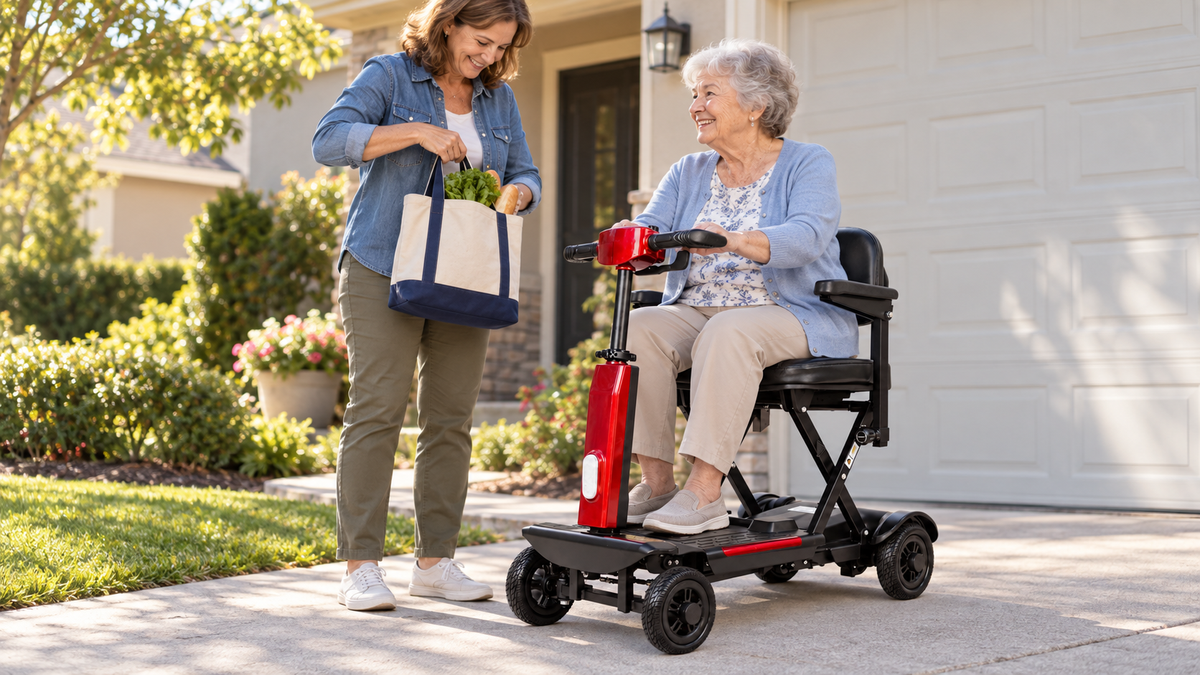 Older adult and caregiver preparing for an outing with a FoldScoot FS-T2 four-wheel folding mobility scooter outside a home
