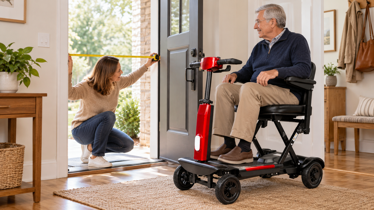 Caregiver measuring an open doorway while an older adult sits on a FoldScoot FS-T2 four-wheel mobility scooter at home
