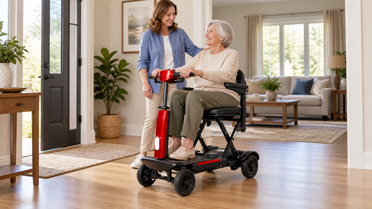 Older adult using a FoldScoot FS-T2 mobility scooter in a bright home entryway with a caregiver nearby