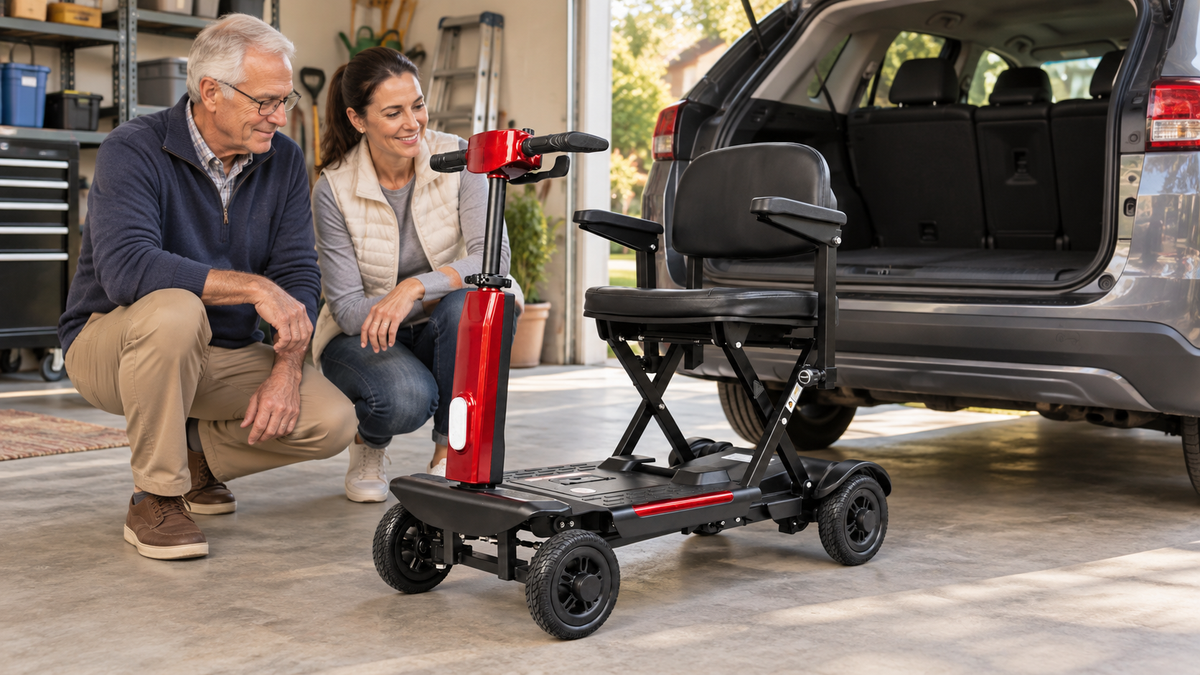Older adult and caregiver assessing a FoldScoot FS-T2 mobility scooter beside an open vehicle before transport