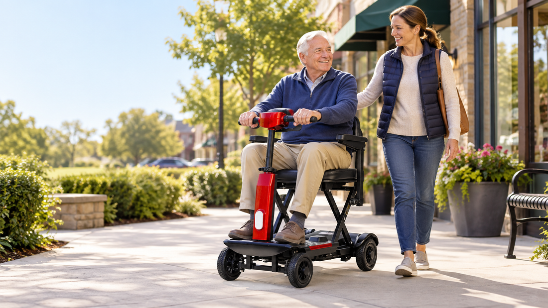 Older adult using a FoldScoot FS-T2 four-wheel mobility scooter on a community walkway, with a caregiver nearby