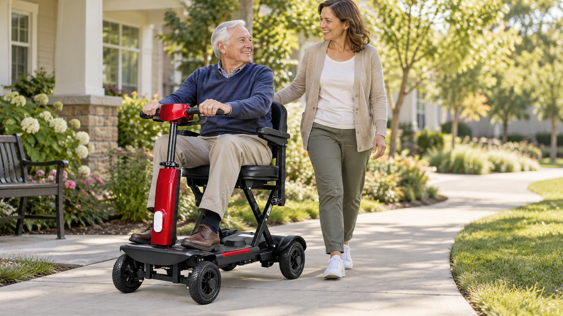 Older adult riding a FoldScoot FS-T2 four-wheel mobility scooter on a smooth community walkway with a caregiver nearby
