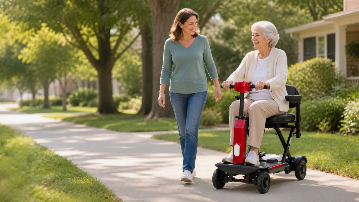 Older adult using a FoldScoot FS-T2 four-wheel mobility scooter on a community walkway with a family caregiver