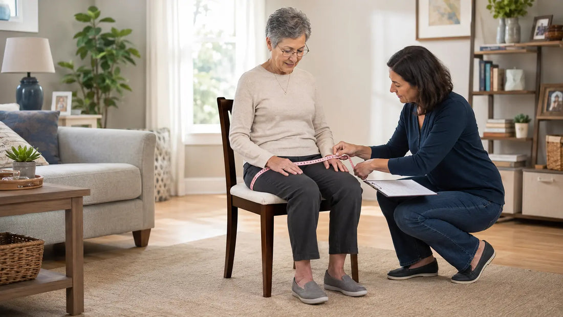 Caregiver measuring an older adult's seated hip width and knee clearance at home