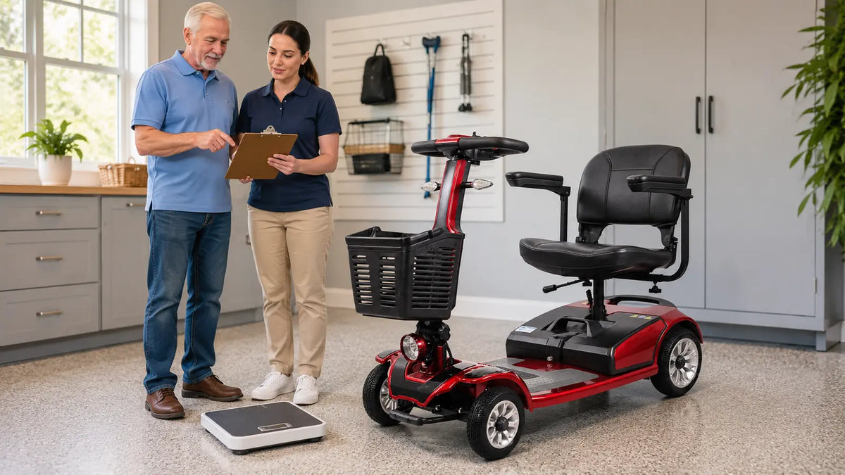 Older adult reviewing rider capacity beside a red FoldScoot FS-C3 mobility scooter