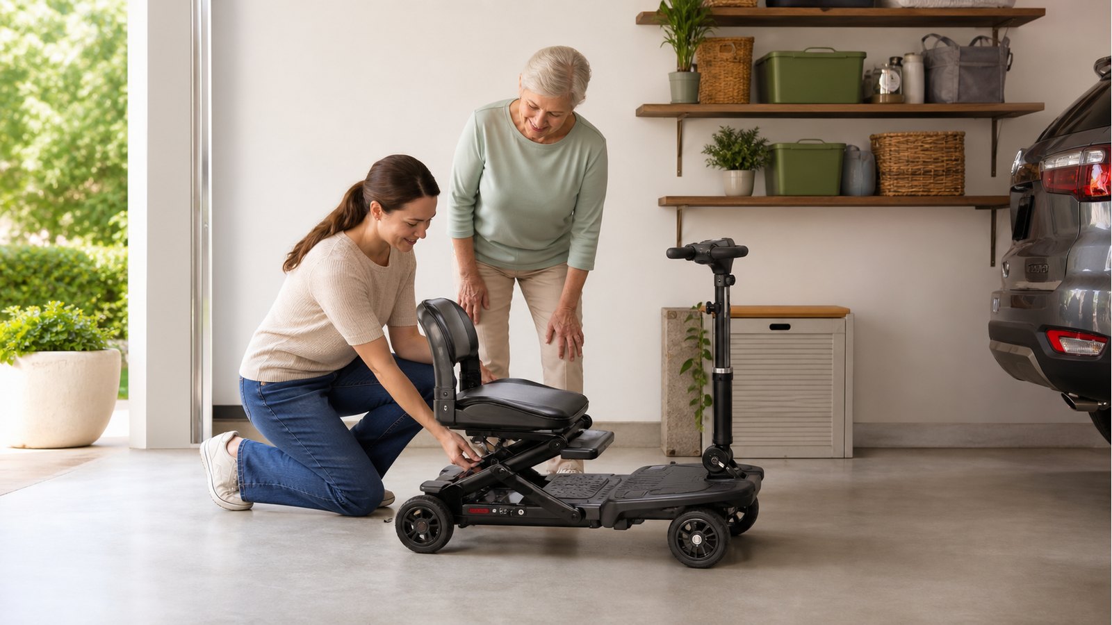 Caregiver demonstrating how a compact folding mobility scooter folds at home
