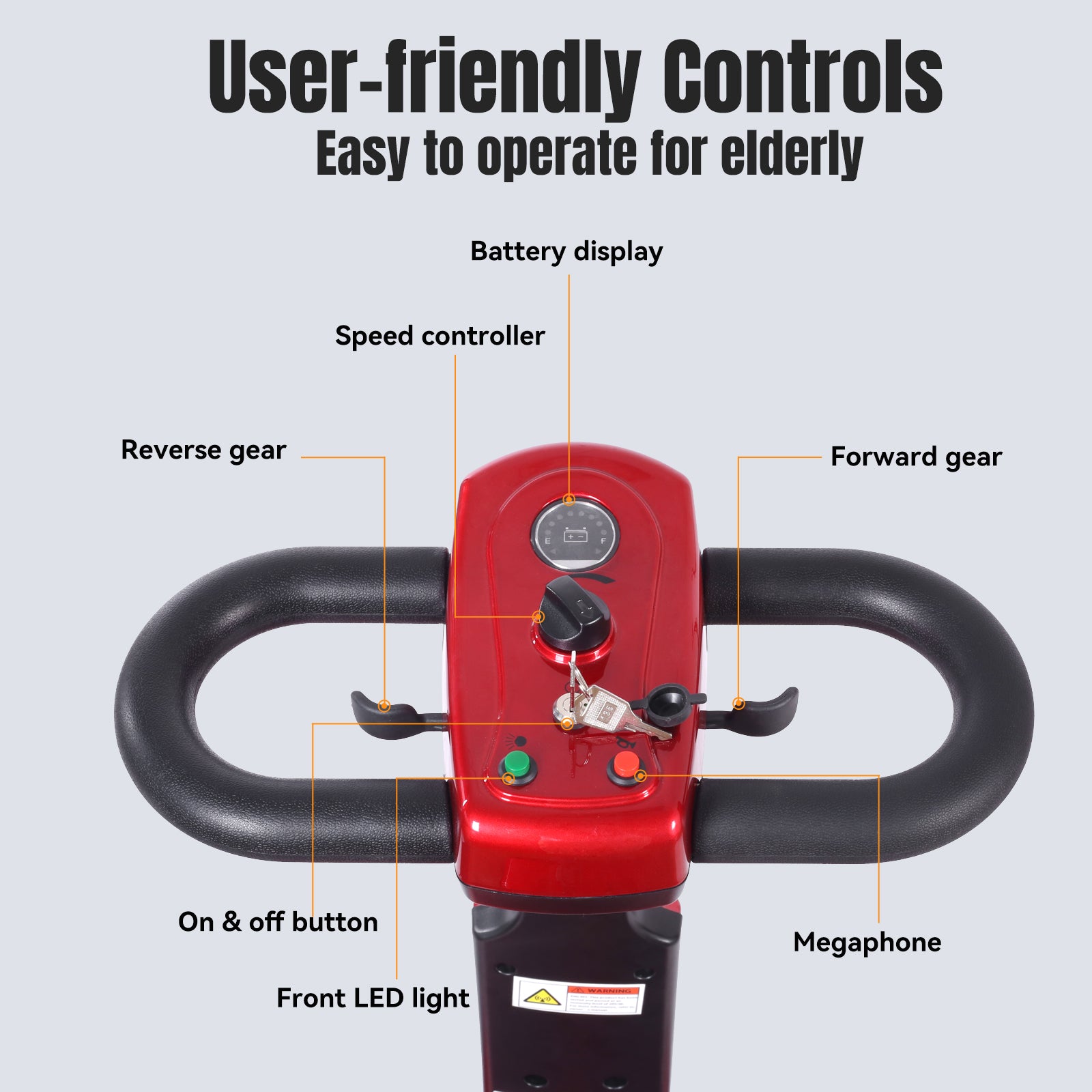 FoldScoot FS-TRAVEL20 adjustable controls and LED headlight
