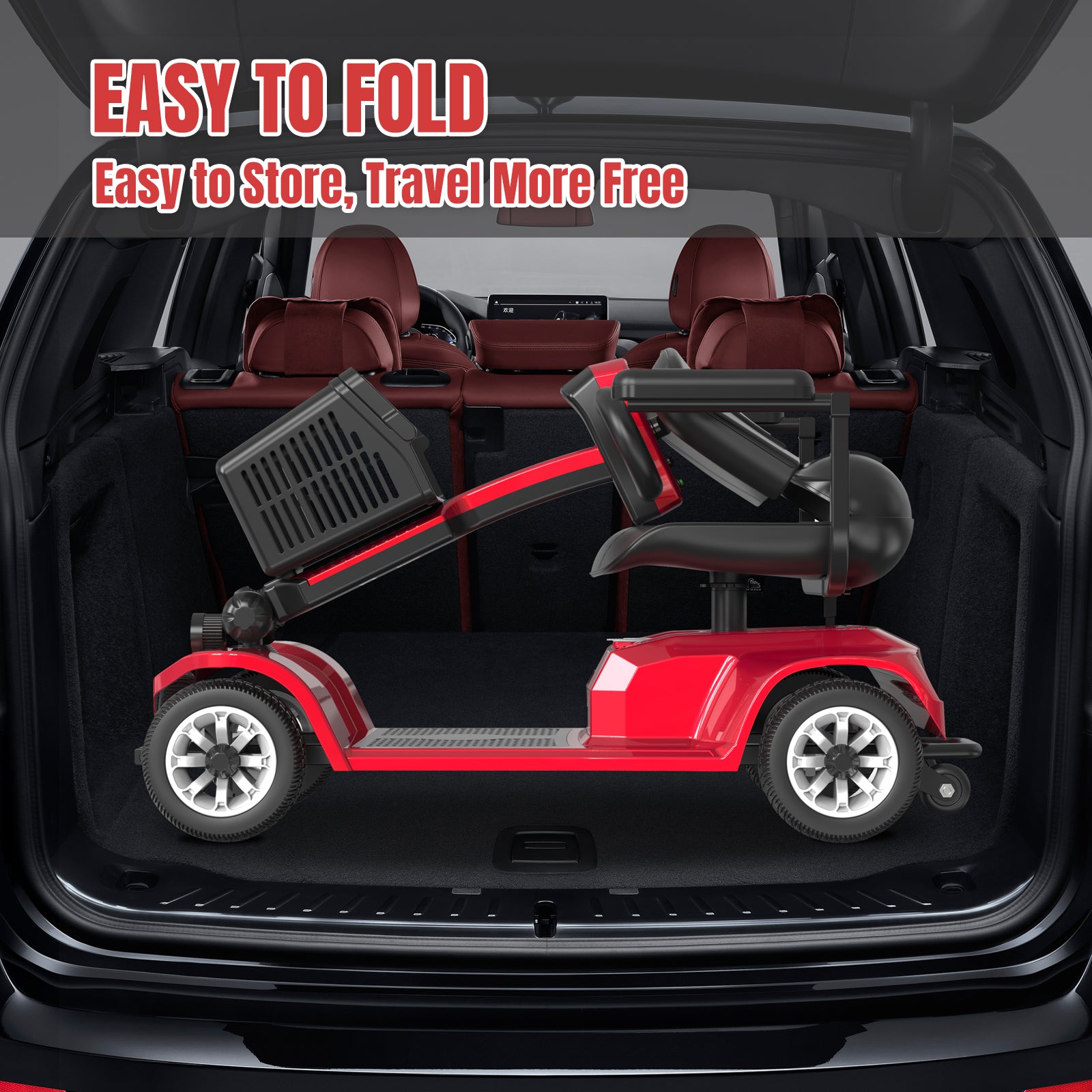 FoldScoot FS-TRAVEL20 mobility scooter stored in a vehicle cargo area