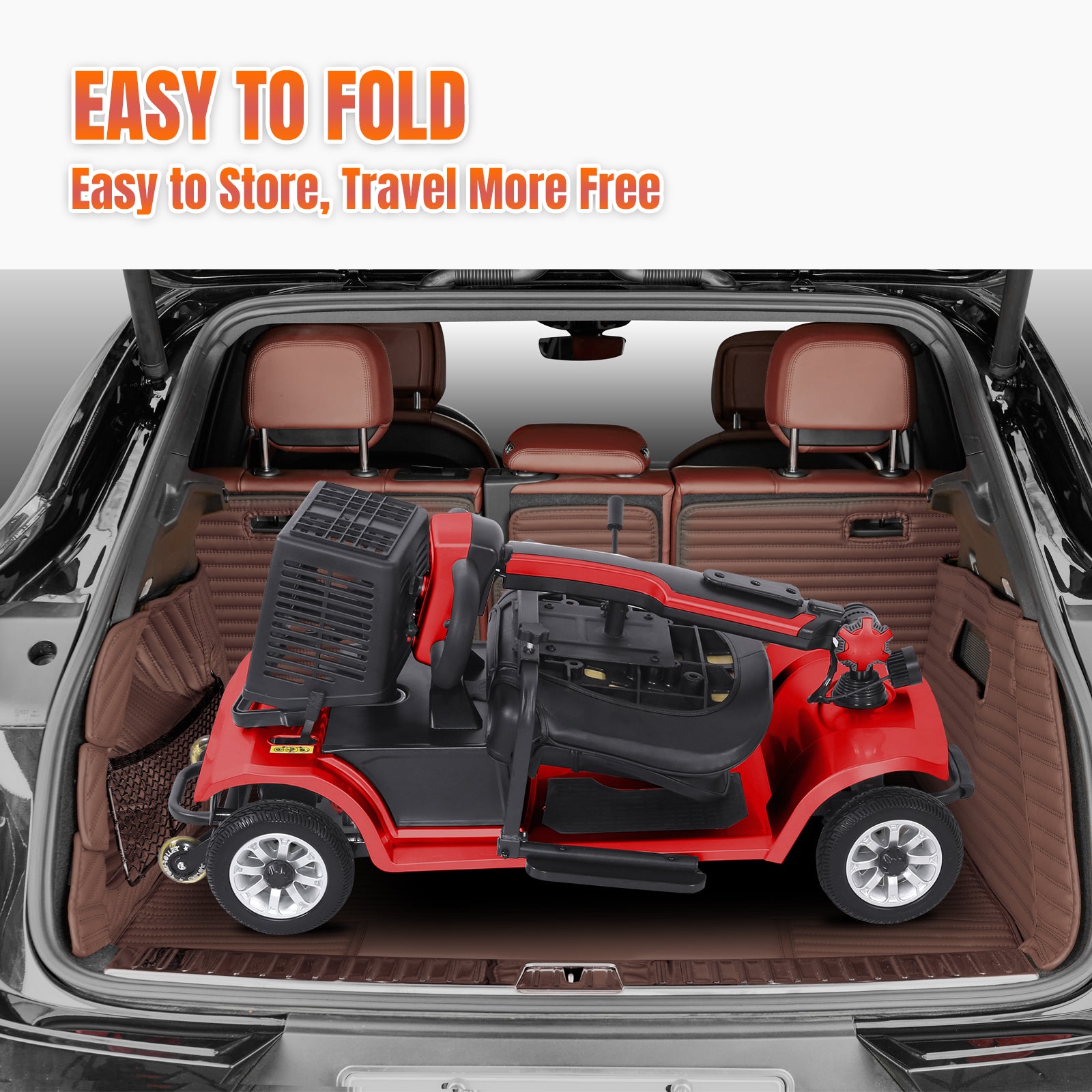 FoldScoot FS-M1 mobility scooter stored in a vehicle cargo area