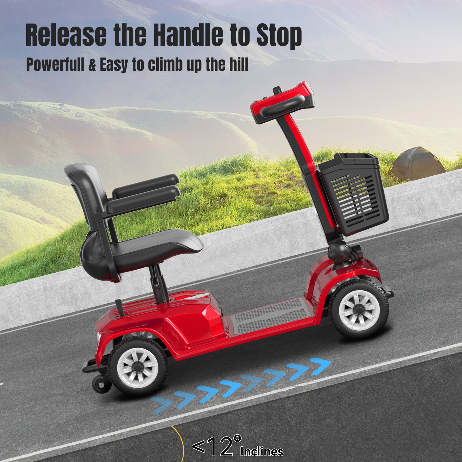FoldScoot FS-TRAVEL20 electromagnetic braking and incline illustration