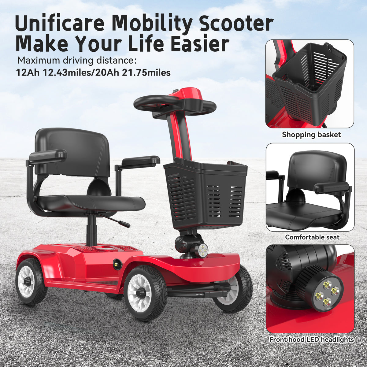 FoldScoot FS-C1 seat basket and headlight feature overview