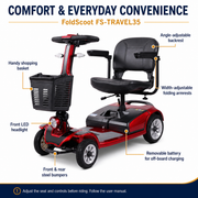 FoldScoot FS-TRAVEL35 with adjustable backrest, folding armrests, basket and removable battery
