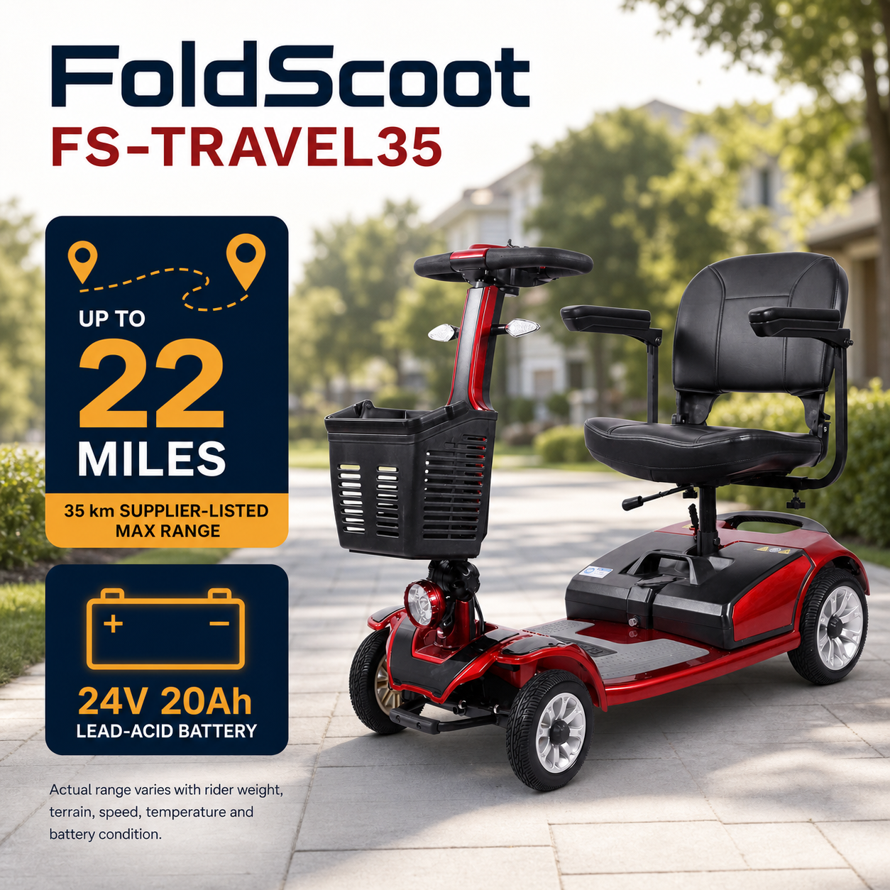 FoldScoot FS-TRAVEL35 mobility scooter with 24V 20Ah battery and up to 22-mile range