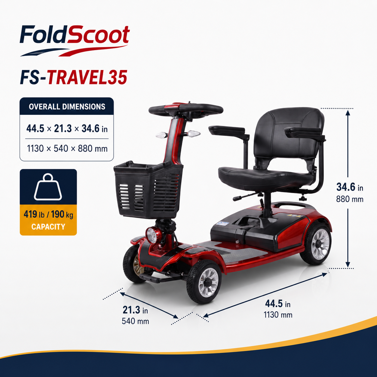 FoldScoot FS-TRAVEL35 mobility scooter dimensions and 419 lb weight capacity