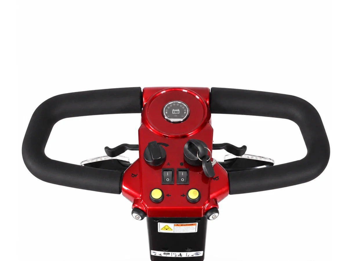 FoldScoot FS-C3 mobility scooter steering controls with battery display, speed control, lights and horn