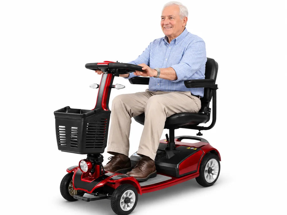 Senior riding the FoldScoot FS-C3 full-size 4-wheel mobility scooter