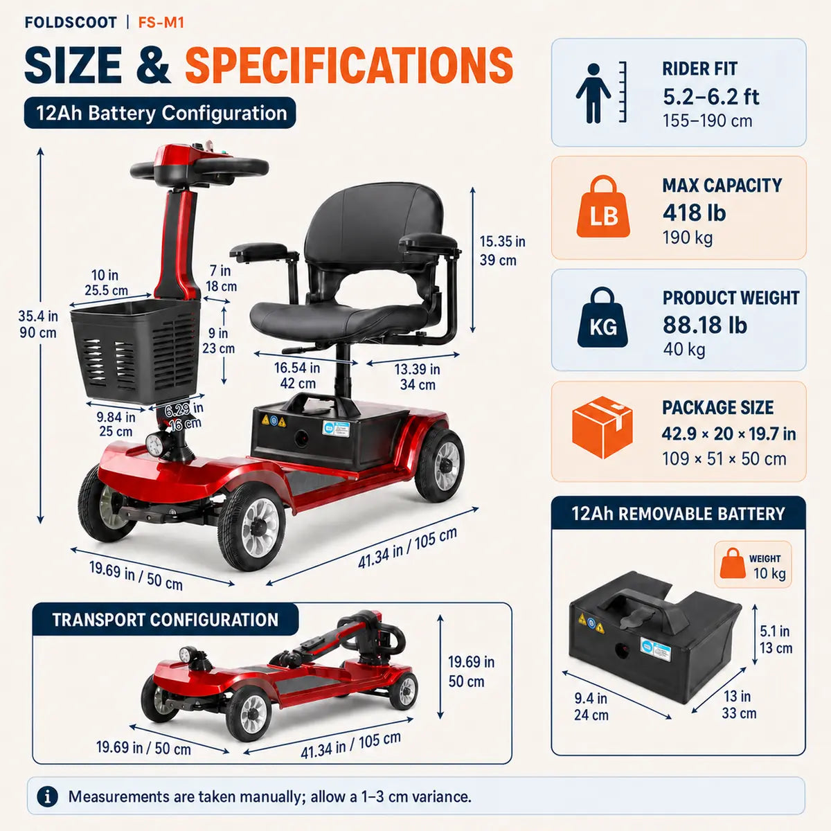 FoldScoot FS-M1 red 4-wheel mobility scooter dimensions and specifications with 12Ah removable battery
