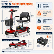FoldScoot FS-M1 red 4-wheel mobility scooter dimensions and specifications with 20Ah removable battery