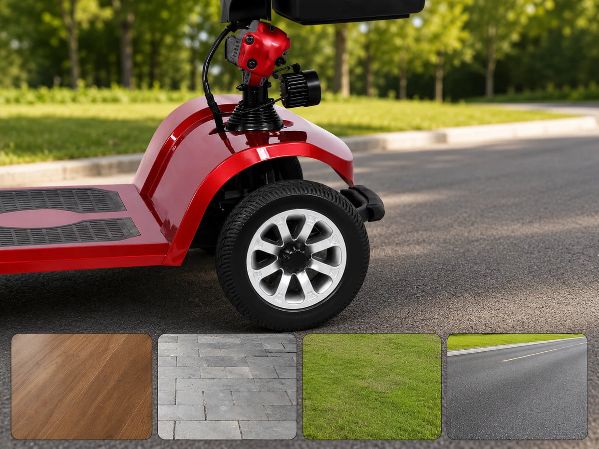 Red FoldScoot FS-C2 wheel detail shown with common indoor and outdoor surfaces