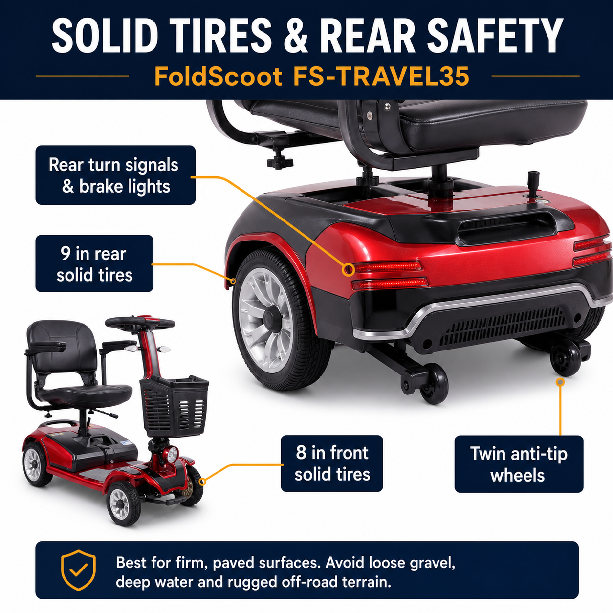 FoldScoot FS-TRAVEL35 with solid tires, rear lights and twin anti-tip wheels
