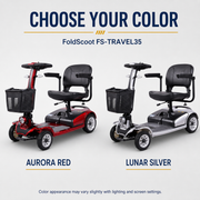 FoldScoot FS-TRAVEL35 mobility scooter in red and silver color options