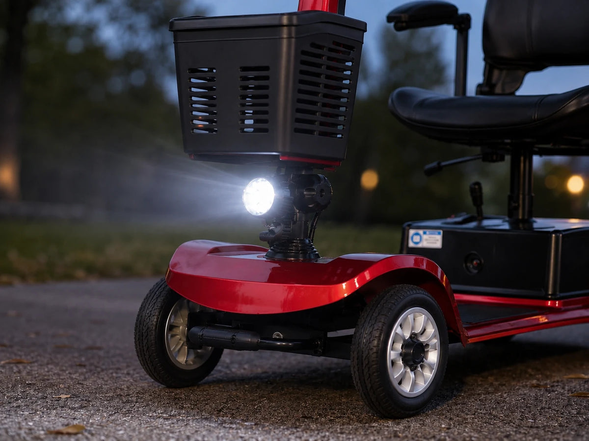 Red FoldScoot FS-C2 LED headlight illuminated at dusk