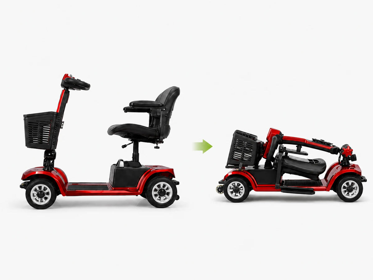Red FoldScoot FS-C2 shown before and after folding