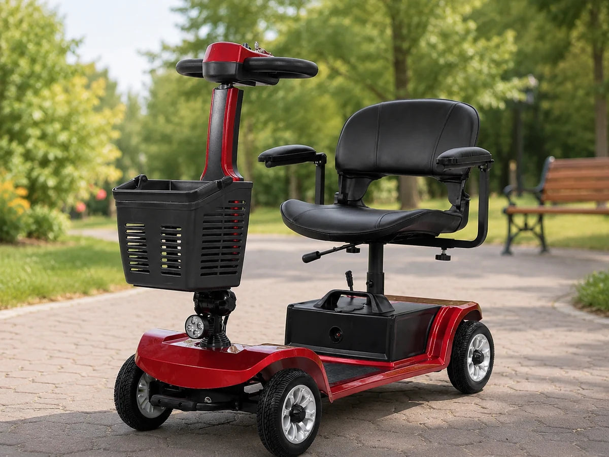 Red FoldScoot FS-C2 four-wheel mobility scooter on a paved park path