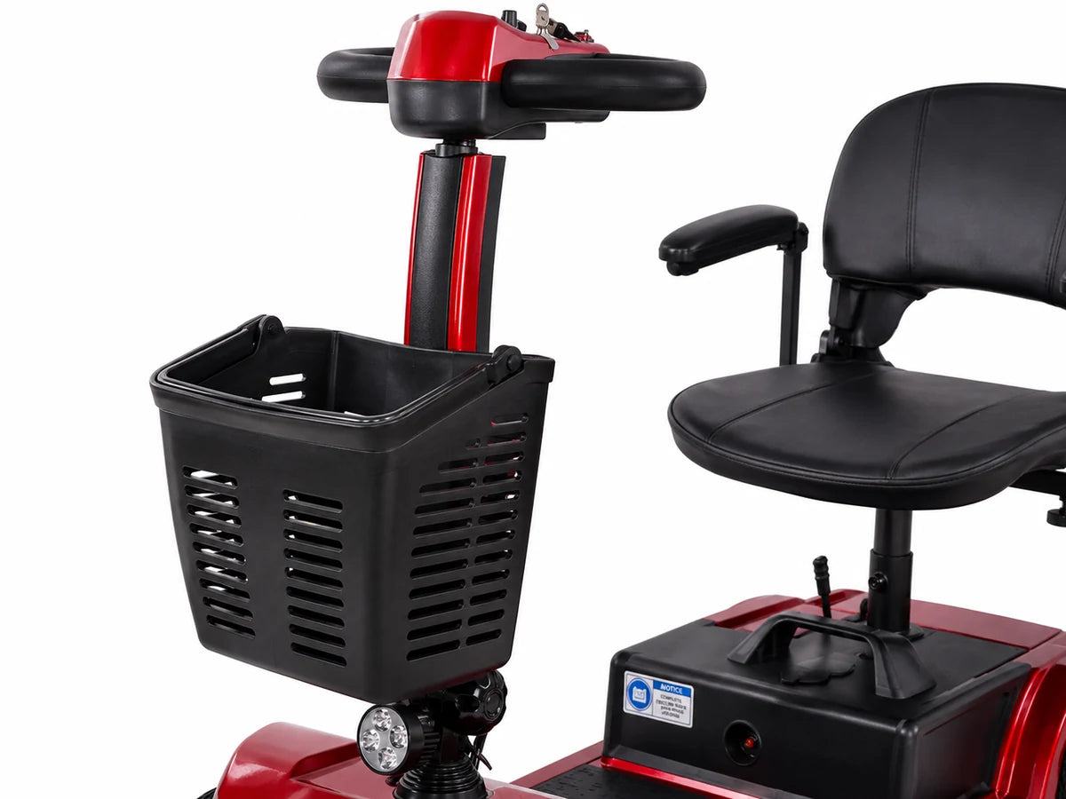 Red FoldScoot FS-C2 front storage basket and headlight detail