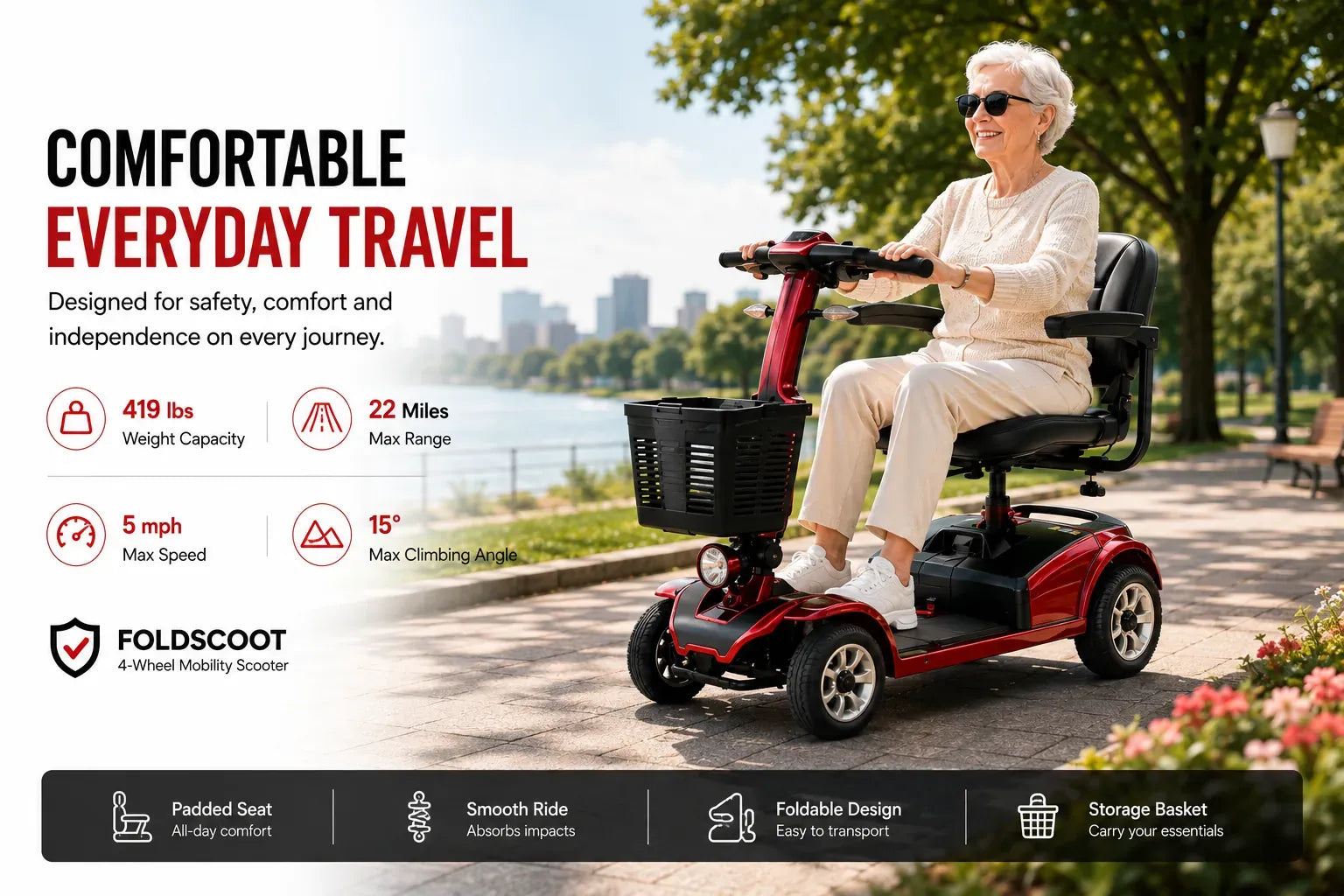 FoldScoot FS-TRAVEL35 Heavy-Duty 4-Wheel Mobility Scooter, 22-Mile Range, 419-lb Capacity product details