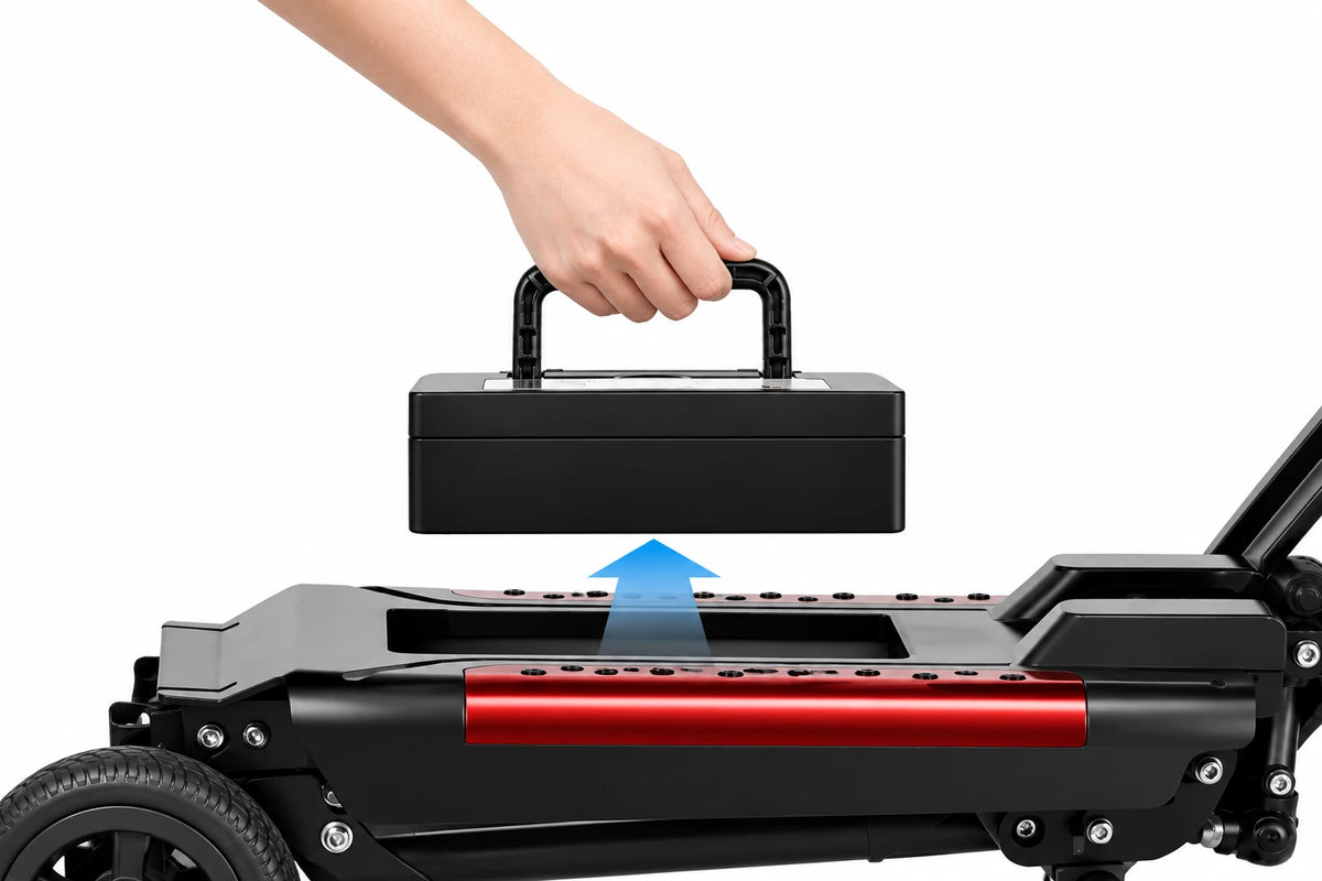 FoldScoot FS-T3 removable lithium battery being lifted from the scooter for convenient charging