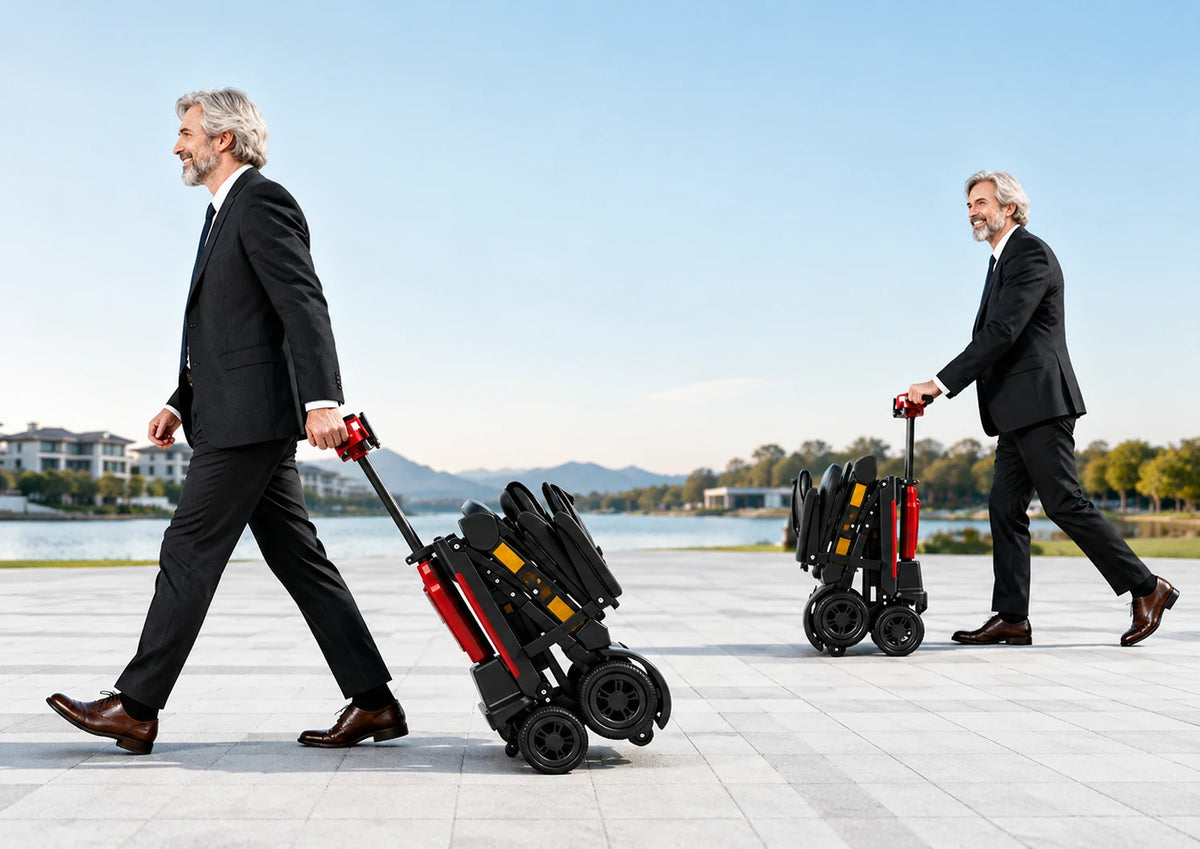 FoldScoot FS-T3 folded mobility scooter being rolled and pulled for easy transport