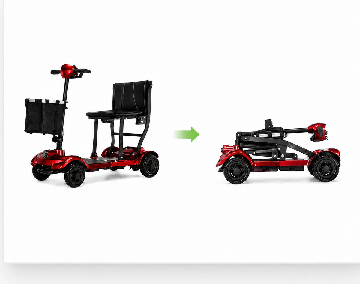FoldScoot FS-T1 mobility scooter shown before and after folding