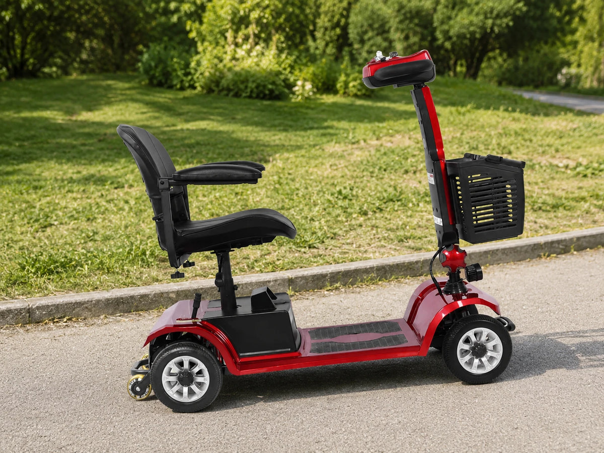 Red FoldScoot FS-C2 mobility scooter on a paved park path