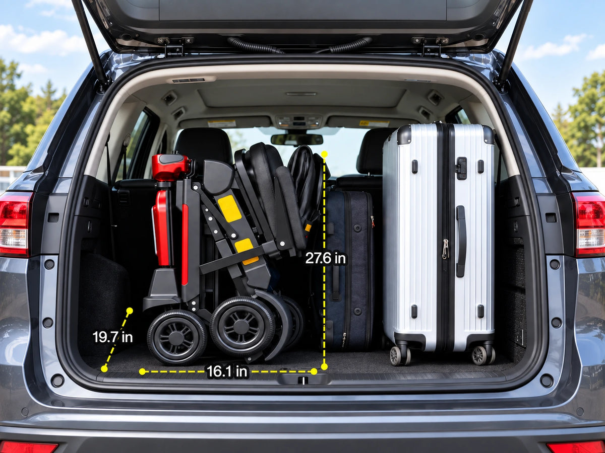 FoldScoot FS-T3 folded mobility scooter stored in an SUV trunk