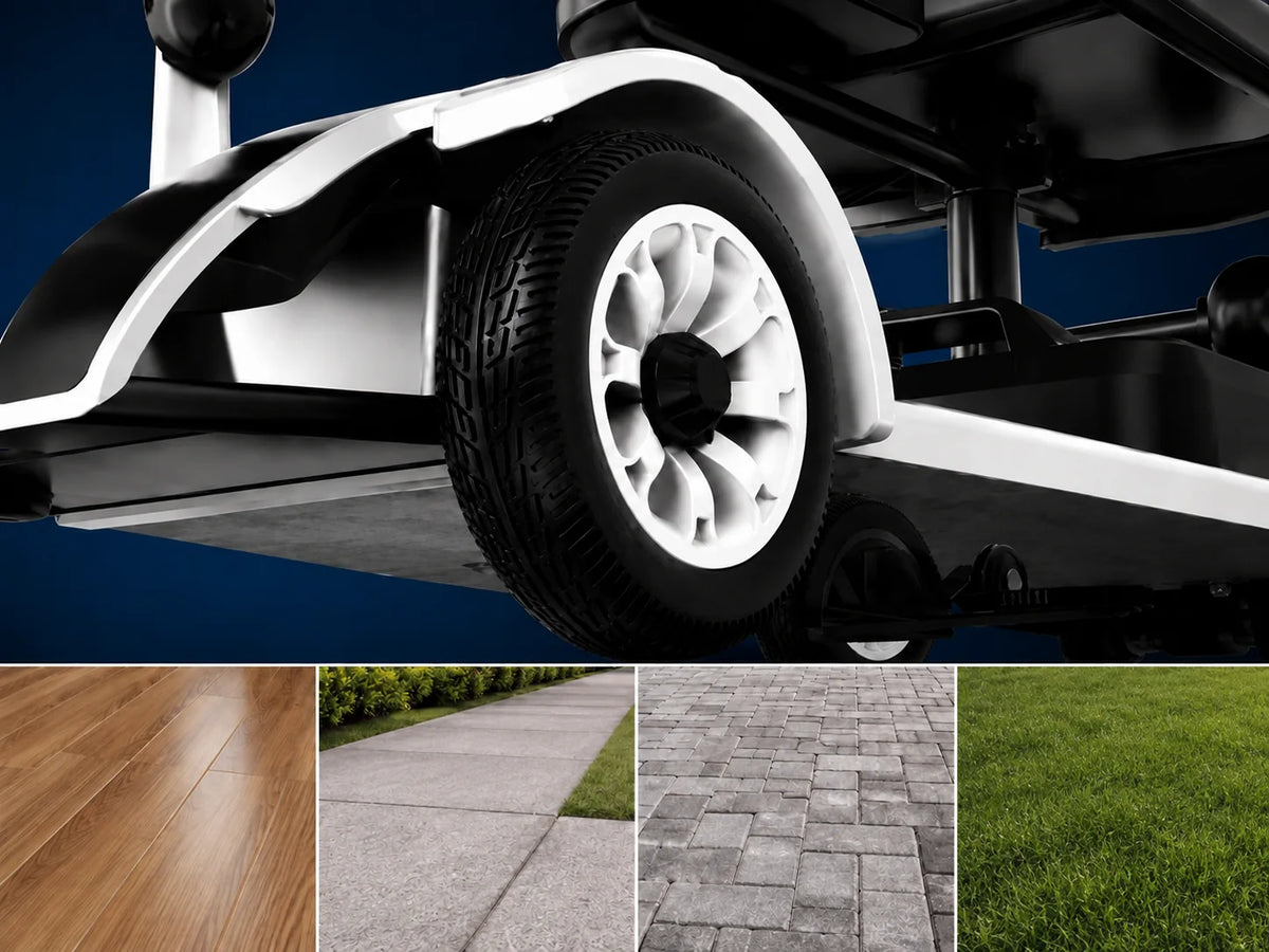Mobility scooter large wheel for multiple surfaces